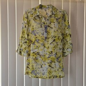 JM Collection Linen Yellow and Green Floral‎ Blouse Petite Size 10P